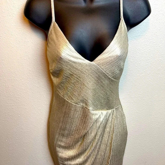 Fashion Nova metallic gold bodycon dress with tulip flap detail in front. - Picture 4 of 11